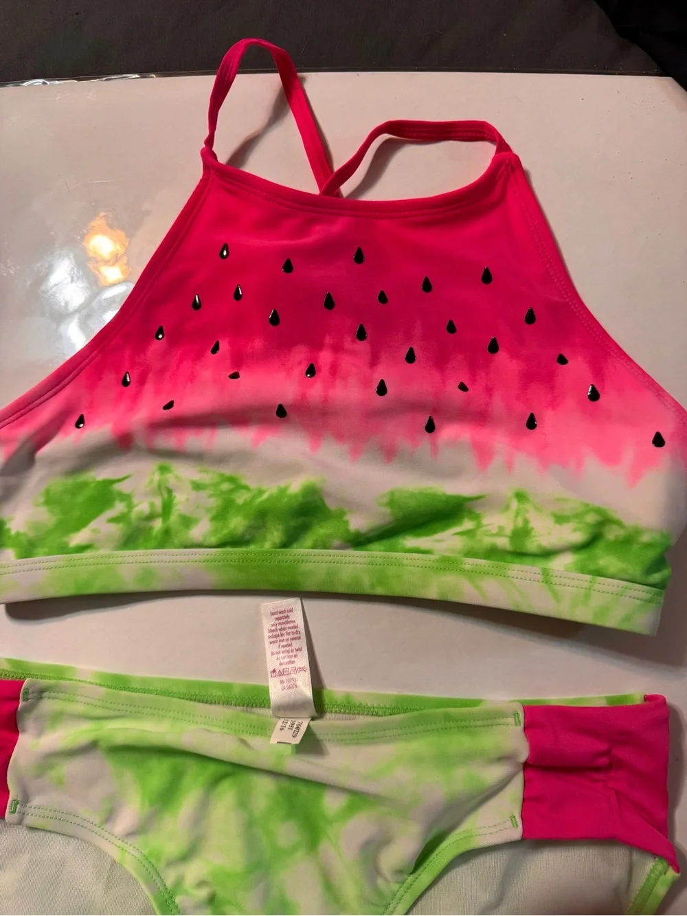 Justice Girls Watermelon Print Bikini Set - Hot Pink & Lime Green